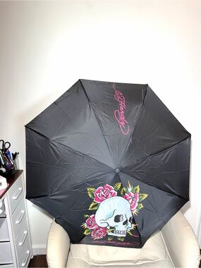 Ed Hardy Black Umbrella with Pink Logo and Skull Floral Design NWT
